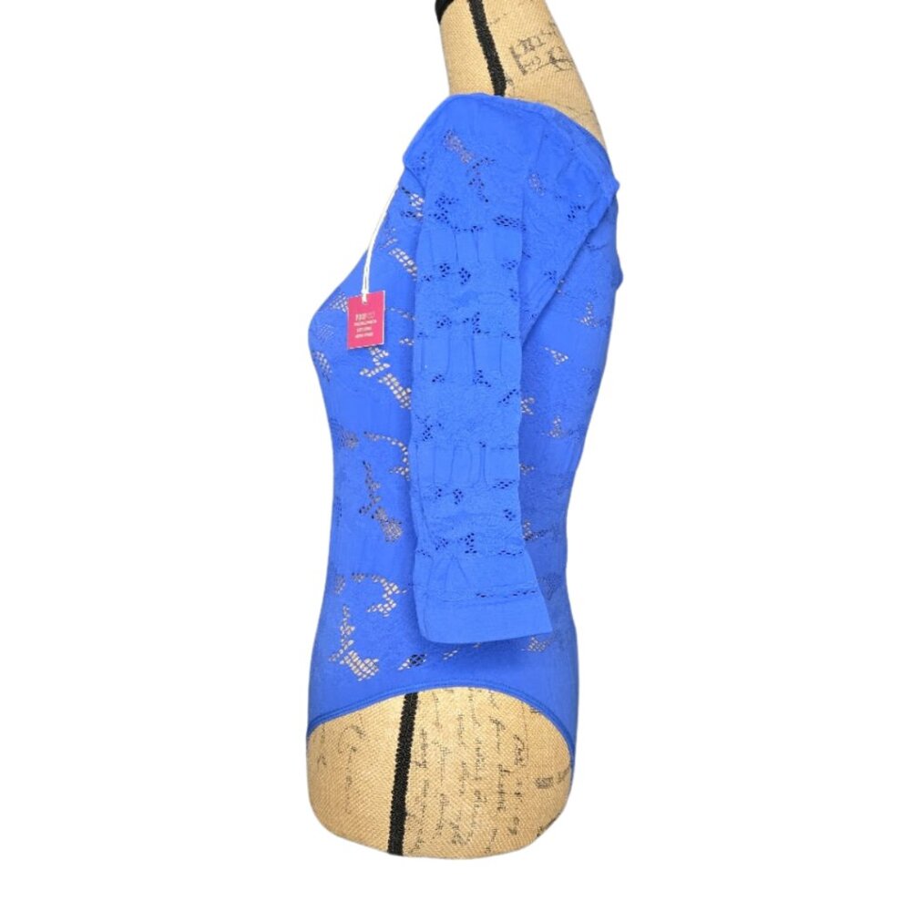 NWT Nordstrom Poof Royal blue leotard three-quarter length sleeves Bodysuit M/L - Picture 9 of 10